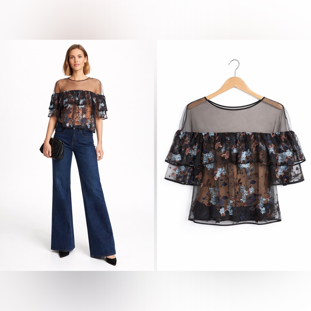 Cinq à Sept Korus Ruffle Top XS NWT Sheer Embroidered Floral $297